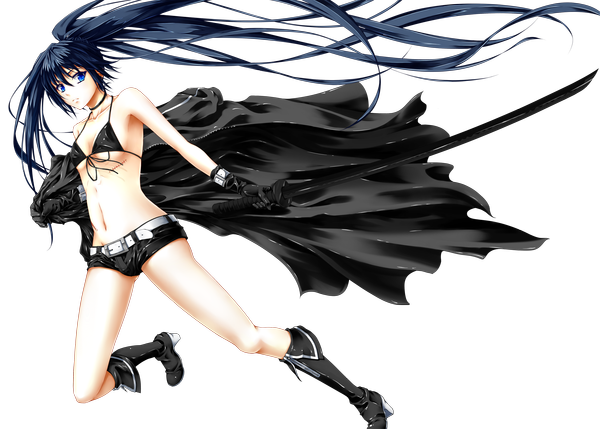 Anime picture 2551x1826 with black rock shooter black rock shooter (character) kuroi mato highres blue eyes twintails blue hair very long hair transparent background girl gloves weapon sword shorts boots katana cloak