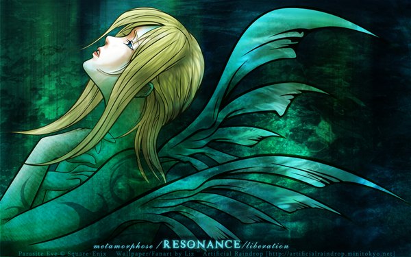 Anime picture 1920x1200 with parasite eve (game) aya brea liz (artist) highres blue eyes blonde hair wide image profile nude tattoo looking up texture girl wings grunge