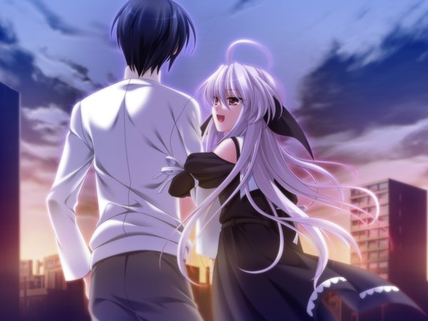 Anime picture 1600x1200 with tasogare no saki ni noboru ashita odawara hakone long hair short hair open mouth black hair red eyes game cg ahoge white hair couple evening sunset girl dress boy