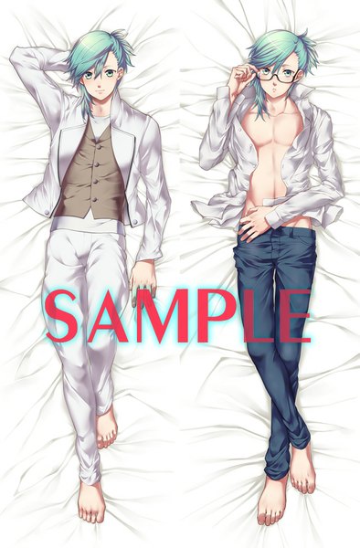 Anime picture 657x1000 with uta no prince-sama a-1 pictures mikaze ai yamaki suzume tall image looking at viewer blush short hair lying barefoot aqua eyes aqua hair inscription open clothes open shirt watermark dakimakura (medium) dual persona sample watermark boy