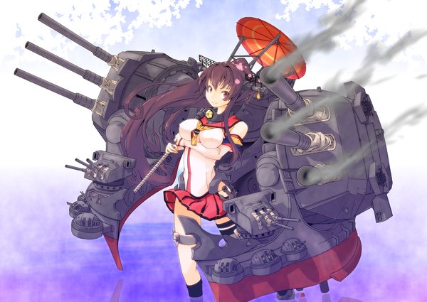Anime picture 1410x1000 with kantai collection yamato super battleship azel (horusuke) single long hair looking at viewer brown hair bare shoulders brown eyes ponytail hair flower girl thighhighs skirt hair ornament flower (flowers) weapon umbrella single thighhigh