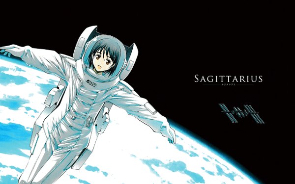 Anime picture 1280x800 with moonsorrow single short hair open mouth black hair wide image brown eyes wallpaper spread arms space astronaut girl earth spacesuit satellite