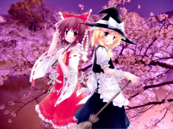Anime picture 1024x768 with touhou hakurei reimu kirisame marisa multiple girls cherry blossoms miko girl 2 girls witch hat broom
