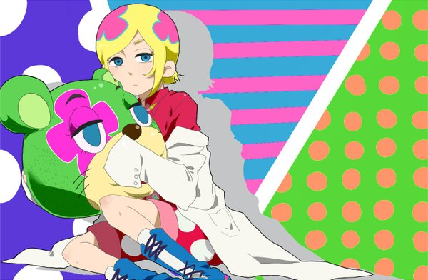 Anime picture 1402x916 with kuuchuu buranko toei animation irabu ichiro sasayamapanda (artist) short hair blue eyes blonde hair sitting boy shorts knee boots labcoat mouse