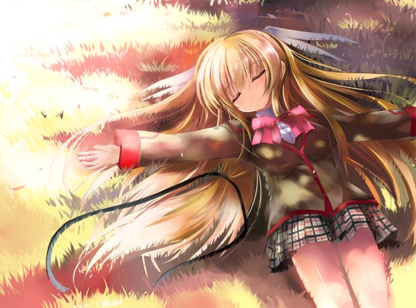 Anime picture 1280x950 with little busters! key (studio) tokido saya shino (eefy) long hair blonde hair lying eyes closed loli spread arms sleeping girl skirt plant (plants) miniskirt serafuku grass