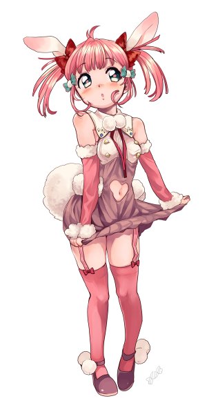 Anime picture 632x1200 with original amezawa koma single tall image blush fringe short hair simple background white background twintails animal ears pink hair tail animal tail aqua eyes bunny ears short twintails bunny girl looking up bunny tail