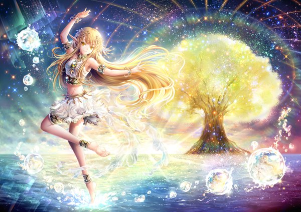 Anime picture 2500x1768 with original riyun single looking at viewer fringe highres blonde hair smile bare shoulders yellow eyes sky bent knee (knees) very long hair barefoot pointy ears night bare belly night sky spread arms elf