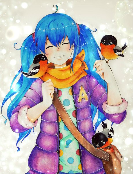 Anime picture 786x1024 with original tagme (artist) single long hair tall image blush fringe simple background smile hair between eyes twintails blue hair ahoge eyes closed arm up grey background open jacket fur trim snowing clenched teeth