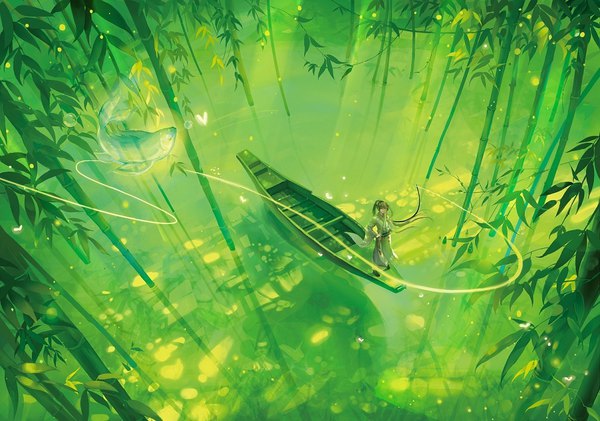 Anime picture 998x701 with original na yan long hair brown hair standing full body ponytail traditional clothes from above hand on hip green background bamboo forest fishing boy plant (plants) animal tree (trees) fish (fishes) forest watercraft