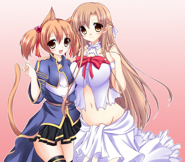 Anime picture 1145x1000 with sword art online a-1 pictures yuuki asuna silica titania (alo) hinapo long hair short hair brown hair twintails multiple girls animal ears yellow eyes pointy ears cat ears midriff cat tail short twintails girl dress