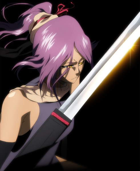 Anime picture 1259x1538 with bleach studio pierrot shihouin yoruichi long hair tall image highres yellow eyes purple hair ponytail black background girl hair ornament weapon sword hairclip katana