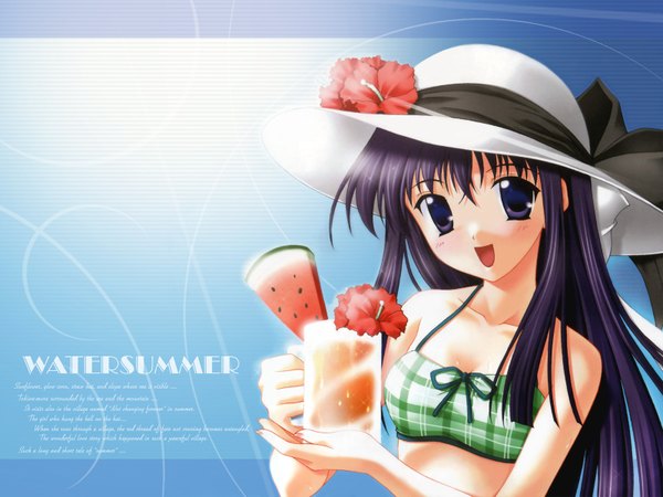Anime picture 1600x1200 with original nanao naru looking at viewer open mouth purple eyes purple hair inscription wallpaper blue background skin tight girl flower (flowers) swimsuit hat food berry (berries) alcohol hibiscus mug watermelon