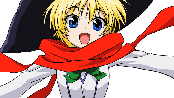Anime picture 2560x1440 with ichiban ushiro no dai maou lily shiraishi single looking at viewer fringe highres short hair open mouth blue eyes blonde hair hair between eyes wide image upper body long sleeves happy spread arms transparent background vector girl hat