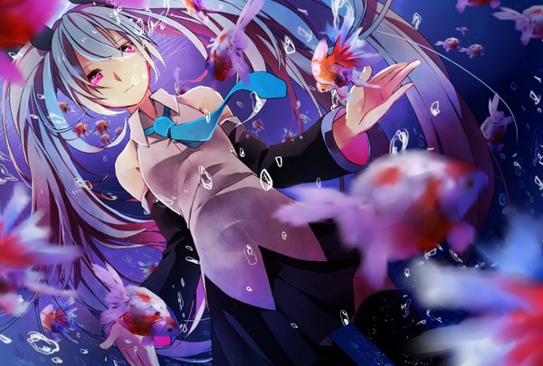 Anime picture 1398x944 with vocaloid hatsune miku hibiya single long hair looking at viewer bare shoulders pink eyes aqua hair girl thighhighs skirt black thighhighs detached sleeves necktie bubble (bubbles) fish (fishes)