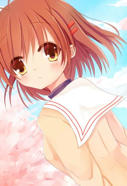 Anime picture 640x937 with clannad key (studio) furukawa nagisa asanagi kurumi (panda-doufu) single tall image blush fringe short hair brown hair yellow eyes looking away sky cloud (clouds) ahoge dutch angle cherry blossoms girl uniform serafuku