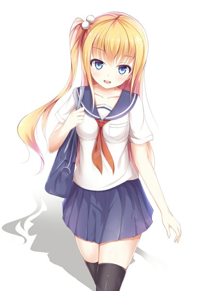 Anime picture 707x1000 with original kagami (galgamesion) single long hair tall image looking at viewer blush fringe open mouth blue eyes blonde hair simple background white background :d pleated skirt from above shadow short sleeves zettai ryouiki one side up