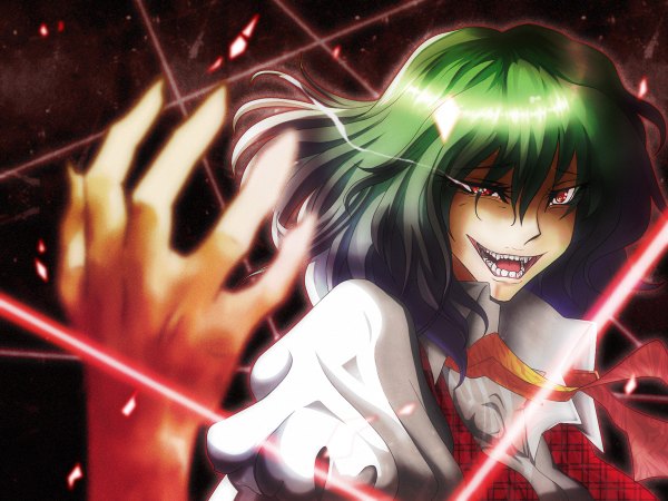 Anime picture 1200x900 with touhou kazami yuuka hokke (hokke suisan) single short hair open mouth smile red eyes green hair demon girl crazy girl