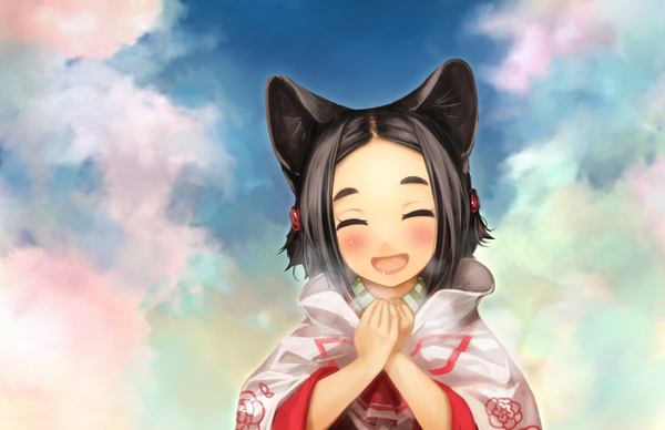 Anime picture 1380x894 with original yunar single blush short hair open mouth smile brown hair animal ears sky cloud (clouds) eyes closed cat ears cat girl happy exhalation hands clasped girl cape