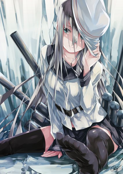Anime picture 848x1200 with kantai collection hibiki destroyer verniy destroyer re lucy single long hair tall image blue eyes grey hair girl thighhighs skirt weapon black thighhighs sailor suit flat cap