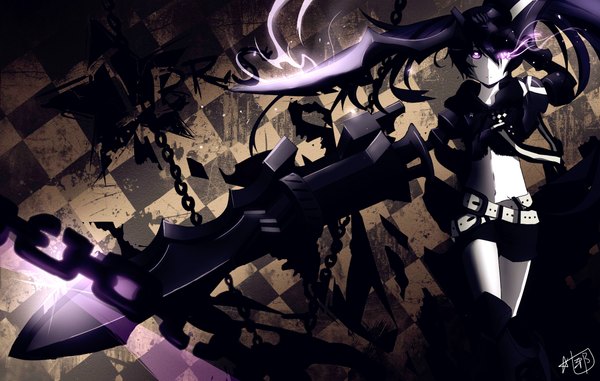 Anime picture 2200x1400 with black rock shooter black rock shooter (character) insane black rock shooter single highres black hair twintails purple eyes glowing glowing eye (eyes) checkered floor checkered background girl thighhighs gloves weapon black thighhighs shorts belt thigh boots