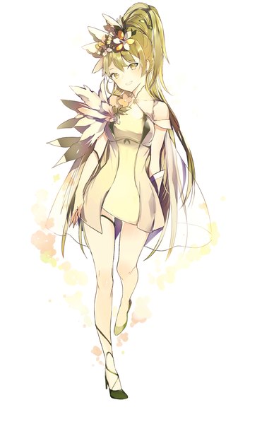 Anime picture 722x1167 with original lpip single long hair tall image looking at viewer blush fringe open mouth white background green eyes payot full body head tilt :d hair flower green hair high heels arm behind back walking