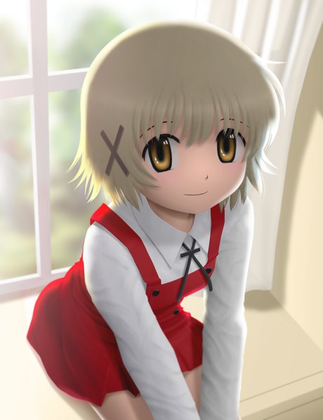 Anime picture 1000x1300 with hidamari sketch shaft (studio) yuno siraha single tall image looking at viewer short hair blonde hair sitting brown eyes 3d girl window x hair ornament