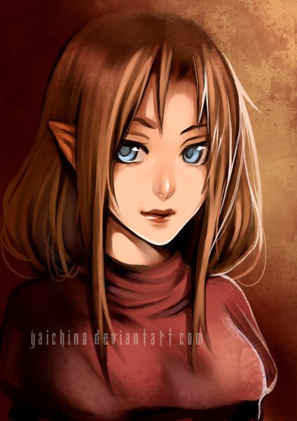 Anime picture 1202x1700 with original yaichino (artist) single tall image short hair blue eyes brown hair signed lips pointy ears portrait brown background girl