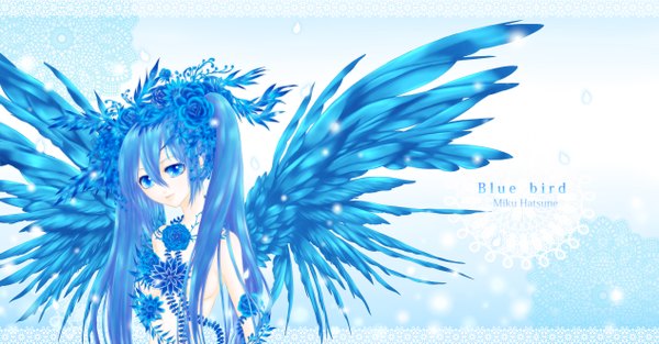 Anime picture 2534x1323 with vocaloid hatsune miku wasyutel single long hair looking at viewer highres blue eyes wide image twintails blue hair hair flower girl hair ornament flower (flowers) wings