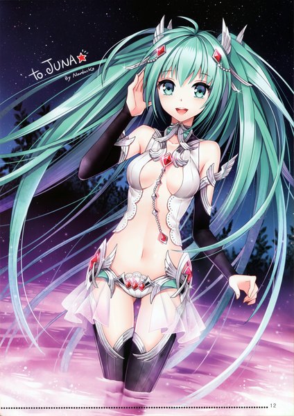 Anime picture 3296x4668 with vocaloid hatsune miku nardack single long hair tall image looking at viewer blush fringe highres breasts open mouth light erotic smile standing twintails bare shoulders absurdres aqua eyes aqua hair
