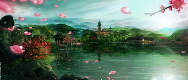 Anime picture 2500x1064 with original yingzhiping highres wide image reflection landscape architecture east asian architecture panorama plant (plants) petals tree (trees) water building (buildings) branch