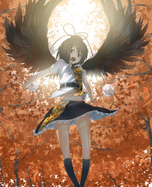 Anime picture 1200x1472 with touhou shameimaru aya single tall image short hair open mouth black hair red eyes girl skirt navel plant (plants) miniskirt wings tree (trees) leaf (leaves) branch tokin hat