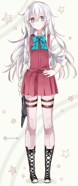 Anime picture 600x1416 with kantai collection hibiki destroyer yuugumo destroyer shijima (sjmr02) single long hair tall image blush fringe blue eyes hair between eyes standing signed silver hair ahoge hand on hip lacing twisty sleeves hat removed yuugumo (kantai collection) (cosplay)