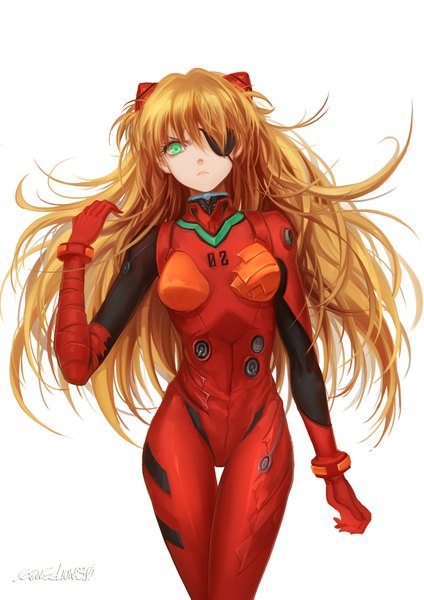 Anime picture 1600x2263 with neon genesis evangelion rebuild of evangelion evangelion: 2.0 you can (not) advance evangelion: 3.0 you can (not) redo gainax soryu asuka langley huazha01 single long hair tall image fringe breasts simple background brown hair white background green eyes serious girl bodysuit eyepatch