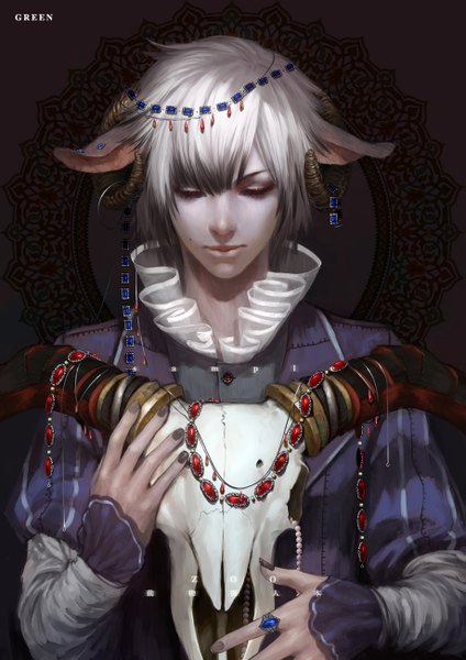 Anime picture 919x1300 with original green (pixiv) single tall image fringe short hair red eyes holding signed animal ears white hair nail polish horn (horns) mole looking down boy earrings jewelry ring beads