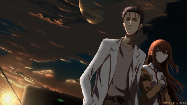 Anime picture 1920x1080 with steins;gate white fox makise kurisu okabe rintarou long hair highres short hair black hair brown hair wide image purple eyes yellow eyes sky cloud (clouds) couple evening sunset girl boy labcoat