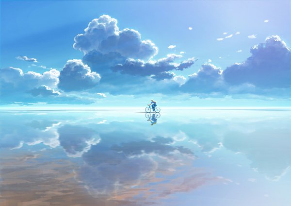 Anime picture 1000x708 with original saitama_bg short hair blonde hair sky cloud (clouds) reflection boy ground vehicle bicycle