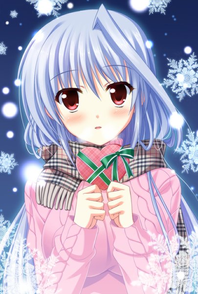 Anime picture 676x1000 with mahou shoujo lyrical nanoha reinforce zwei endori single long hair tall image looking at viewer blush open mouth red eyes blue hair snowing valentine girl scarf sweater gift snowflake (snowflakes)
