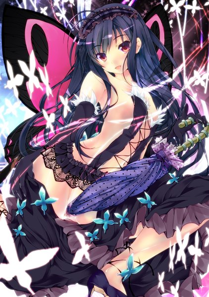 Anime picture 1000x1421 with accel world sunrise (studio) kuroyukihime hasshin akiichi (yagami shuuichi) single long hair tall image blush open mouth light erotic black hair smile pink eyes insect wings closed umbrella butterfly wings girl dress gloves wings
