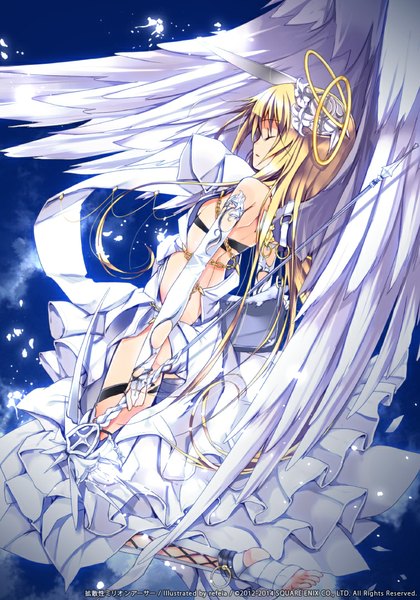 Anime picture 756x1080 with million arthur (series) kaku-san-sei million arthur square enix refeia single long hair tall image fringe breasts light erotic blonde hair bare shoulders holding signed sky cloud (clouds) outdoors eyes closed profile wind