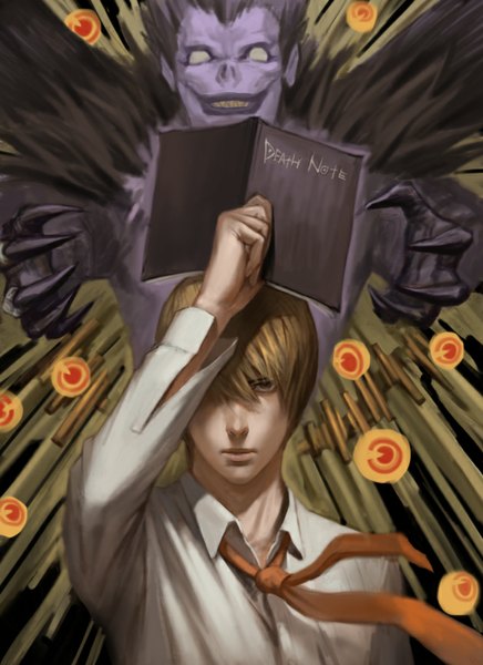 Anime picture 630x866 with death note madhouse yagami light ryuk xiongmaotao tall image looking at viewer fringe short hair black hair brown hair arm up lips hair over one eye multiple boys eyes grey skin blank eyes boy shirt
