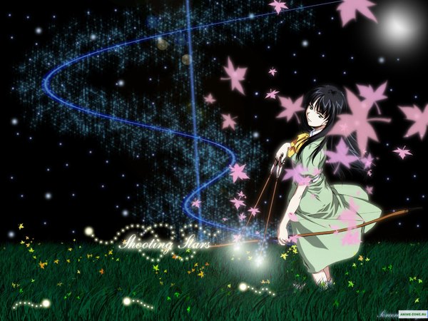 Anime picture 1600x1200 with interlude watsuji aya single long hair black hair yellow eyes night sky crescent girl dress plant (plants) leaf (leaves) star (stars) grass bow (weapon) arrow (arrows)
