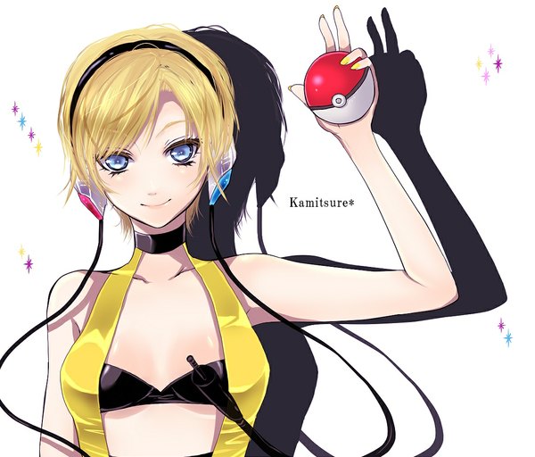Anime picture 1150x983 with pokemon pokemon black and white nintendo elesa (pokemon) short hair blue eyes blonde hair girl headphones collar bikini top wire (wires) pokeball kamitsure