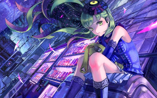 Anime picture 1920x1200 with vocaloid mayu (vocaloid) usano mimi zain single long hair looking at viewer fringe highres sitting bare shoulders green eyes sky outdoors green hair wind night leaning leaning forward girl