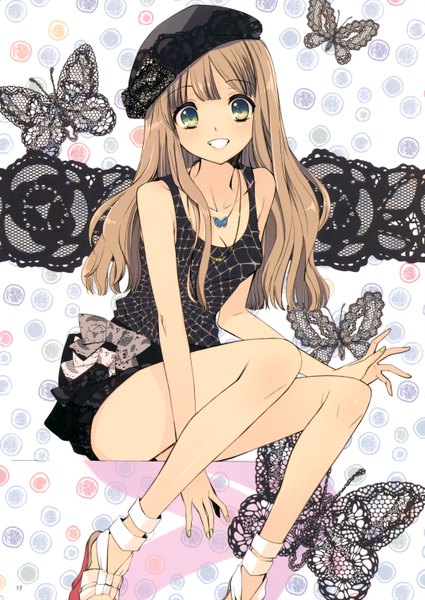 Anime picture 2126x3000 with original itou noiji single long hair tall image looking at viewer highres open mouth smile brown hair green eyes girl dress pendant insect butterfly beret
