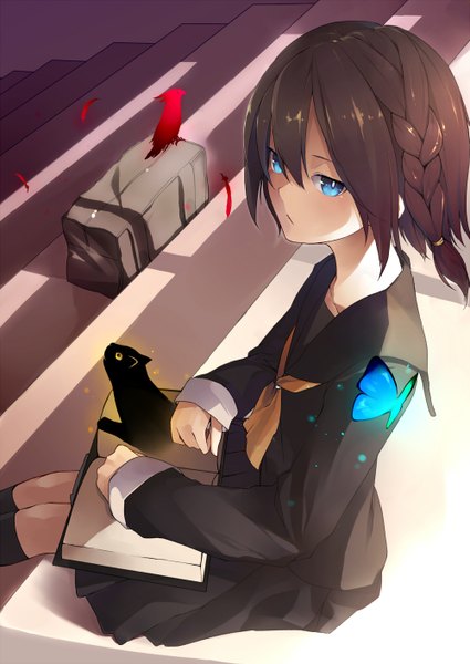 Anime picture 1000x1412 with original en@rain single tall image short hair blue eyes black hair sitting braid (braids) side braid girl skirt miniskirt animal serafuku bird (birds) insect butterfly cat