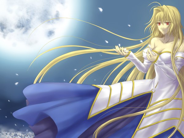 Anime picture 1524x1143 with shingetsutan tsukihime type-moon arcueid brunestud hitoha long hair blonde hair red eyes bare shoulders night girl dress detached sleeves petals moon full moon