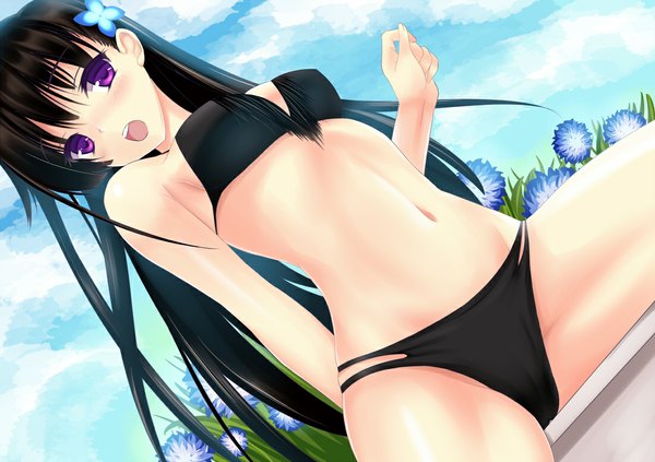 Anime picture 1100x777 with sankarea studio deen sanka rea zi se long hair blush open mouth light erotic black hair purple eyes hair flower girl navel hair ornament swimsuit bikini black bikini