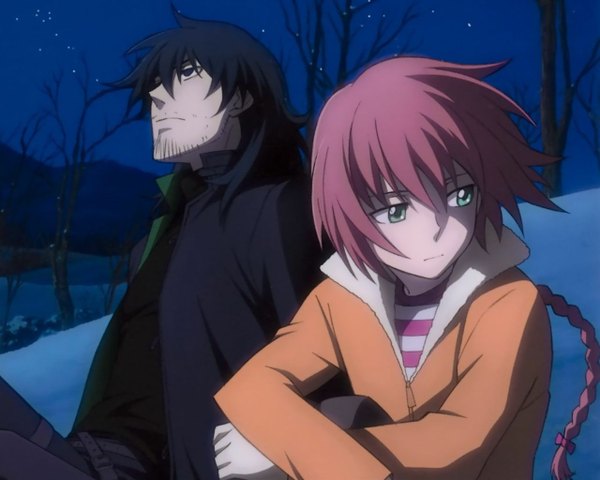 Anime picture 1280x1024 with darker than black studio bones hei (darker than black) suou pavlichenko black hair looking away pink hair braid (braids) night looking up striped girl boy plant (plants) tree (trees) jacket coat