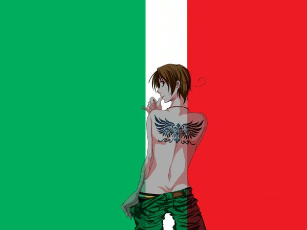 Anime picture 1280x960 with axis powers hetalia studio deen north italy (hetalia) short hair simple background brown hair brown eyes looking back from behind tattoo back topless boy flag