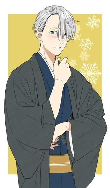 Anime picture 1164x1986 with yuri!!! on ice mappa viktor nikiforov natsuko (bluecandy) single tall image looking at viewer blush fringe short hair blue eyes silver hair traditional clothes japanese clothes hair over one eye border outside border yellow background boy kimono